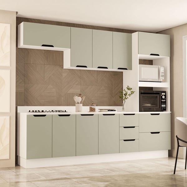 Cozinha Completa Meena 10 Portas 4 Gavetas 40250073 Branco/Verde Oliva - Politorno