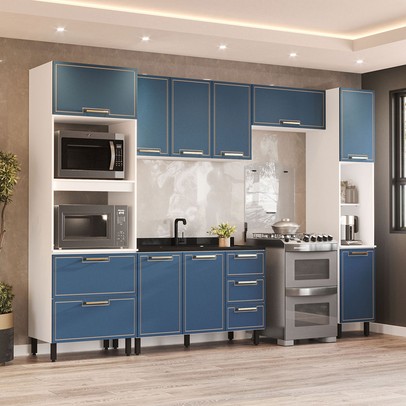 Cozinha Completa Amara 10 Portas 4 Gavetas 40250080 Branco/Azul - Politorno