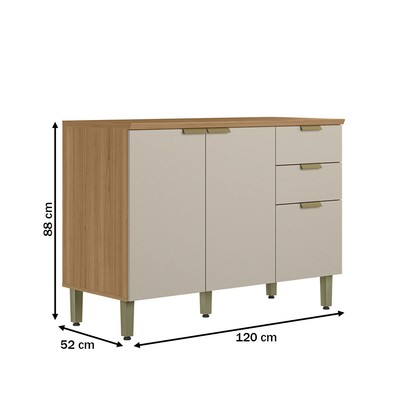 Balcão de Cozinha 120 Cm Selene 2 Portas 3 Gavetas 100% Mdf Jequitibá/Off White Fosco - Linea Brasil