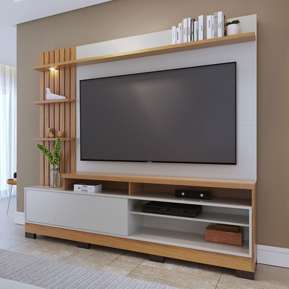 Estante para TV Até 65 Polegadas Maceió 1 Porta com Led Ripado Freijo/Off White - Colibri