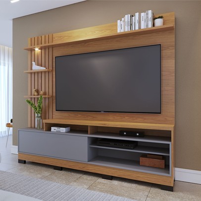 Estante para TV Até 65 Polegadas Maceió 1 Porta com Led Ripado Freijo/Cinza Fosco - Colibri