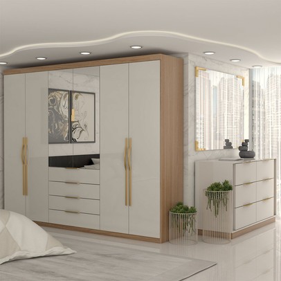 Quarto Completo Casal Aquiles 6 Portas 10 Gavetas Amêndola/Nude Prime - Panorama Móveis