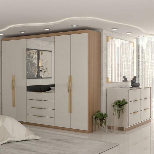 Quarto Completo Casal Aquiles 6 Portas 10 Gavetas Amêndola/Nude Prime - Panorama Móveis