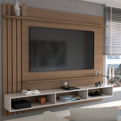 Painel para TV Até 70 Polegadas Christiania 3 Portas Ripado Amêndoa/Off White Matte - Panorama Móveis