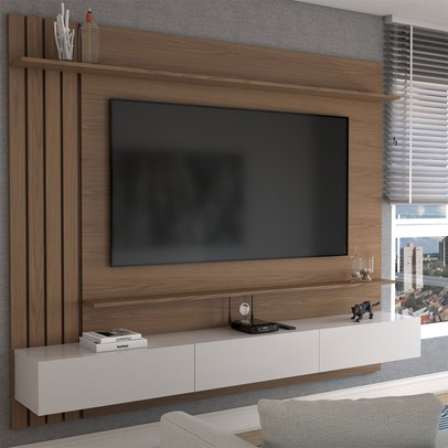Painel para TV Até 70 Polegadas Christiania 3 Portas Ripado Amêndoa/Off White Matte - Panorama Móveis