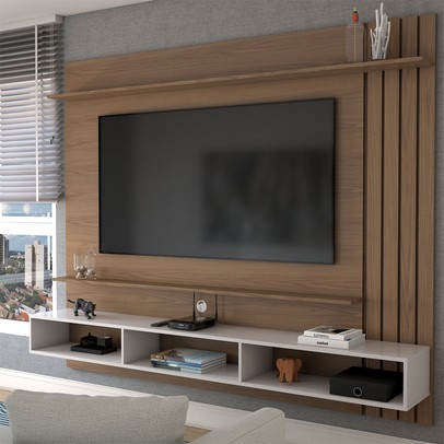 Painel para TV Até 70 Polegadas Christiania 3 Portas Ripado Amêndoa/Off White Matte - Panorama Móveis