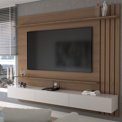 Painel para TV Até 70 Polegadas Christiania 3 Portas Ripado Amêndoa/Off White Matte - Panorama Móveis