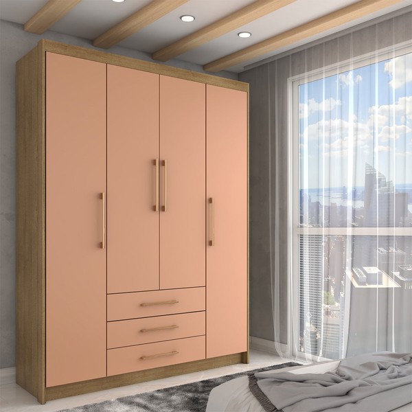 Guarda-Roupa Solteiro Contemporâneo 4 Portas 3 Gavetas Nature/Camarim - Panorama Móveis