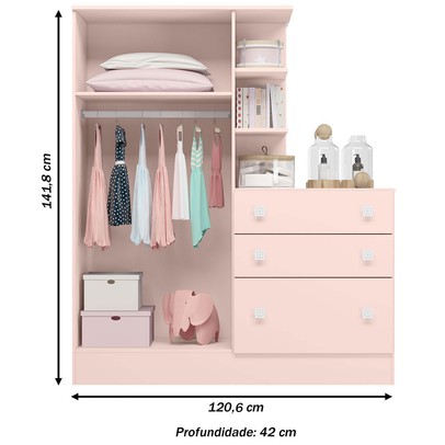 Guarda-Roupa Infantil com Cômoda Doce Sonho 2 Portas 3 Gavetas Rosa - Qmovi