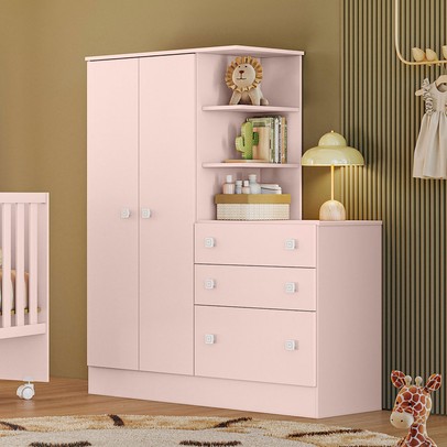 Guarda-Roupa Infantil com Cômoda Doce Sonho 2 Portas 3 Gavetas Rosa - Qmovi