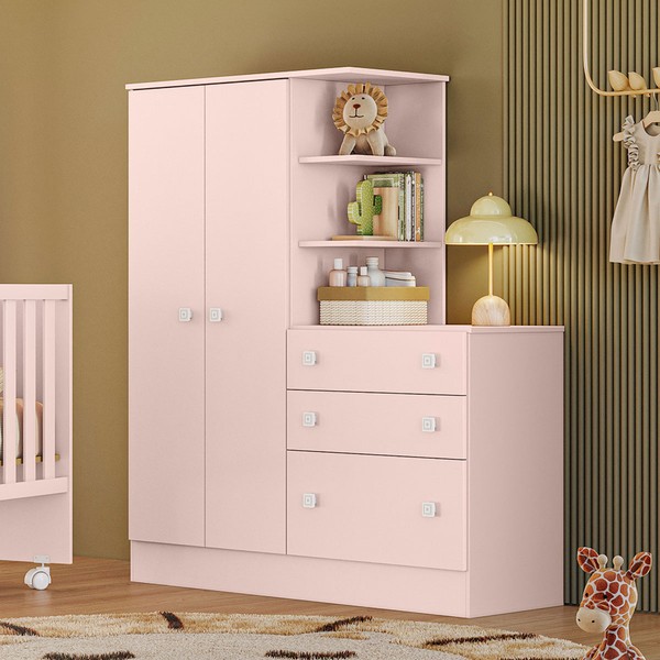 Guarda-Roupa Infantil com Cômoda Doce Sonho 2 Portas 3 Gavetas Rosa - Qmovi