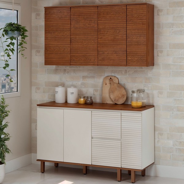 Cozinha Compacta Auris 6 Portas 3 Gavetas 100% Mdf Off White/Canela - Genialflex