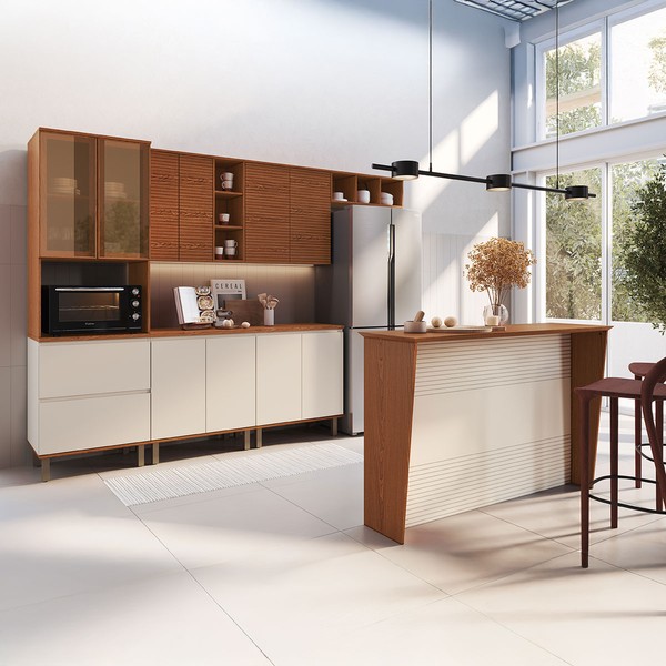 Cozinha Completa Auris 10 Portas 2 Gavetas 100% Mdf Ripado com Vidro Off White/Canela - Genialflex
