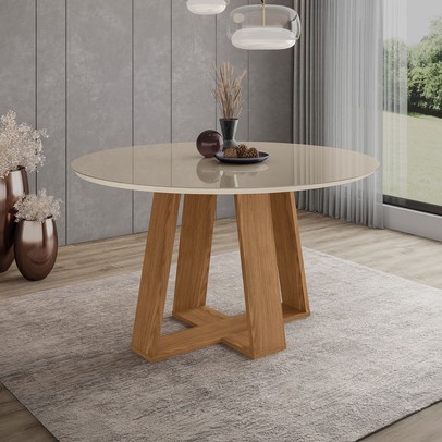 Mesa de Madeira Lins 140 Cm com Vidro Nature/Off White - Henn