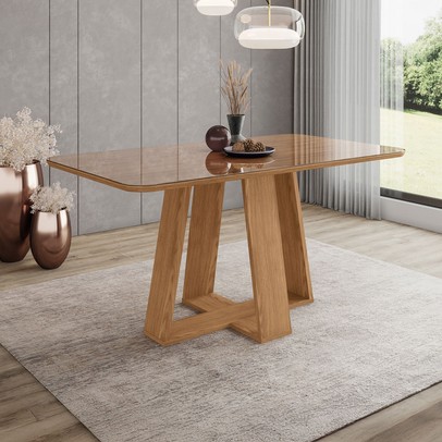 Mesa de Madeira Lins 160 Cm com Vidro Nature - Henn