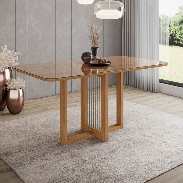 Mesa de Madeira Natalí 160 Cm com Vidro Nature - Henn