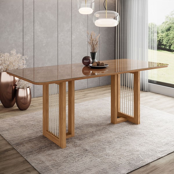 Mesa de Madeira Yara 200 Cm com Vidro Nature - Henn