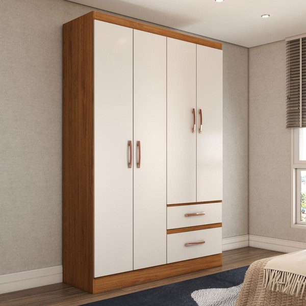 Guarda-Roupa Solteiro São Francisco 4 Portas 2 Gavetas Off White/Nogueira - Panorama Móveis