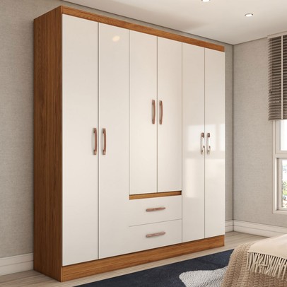 Guarda-Roupa Casal Panamá 6 Portas 2 Gavetas Off White/Nogueira - Panorama Móveis