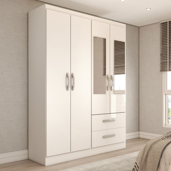 Guarda-Roupa Solteiro Galápagos 4 Portas 2 Gavetas com Espelho Branco Brilho - Panorama Móveis