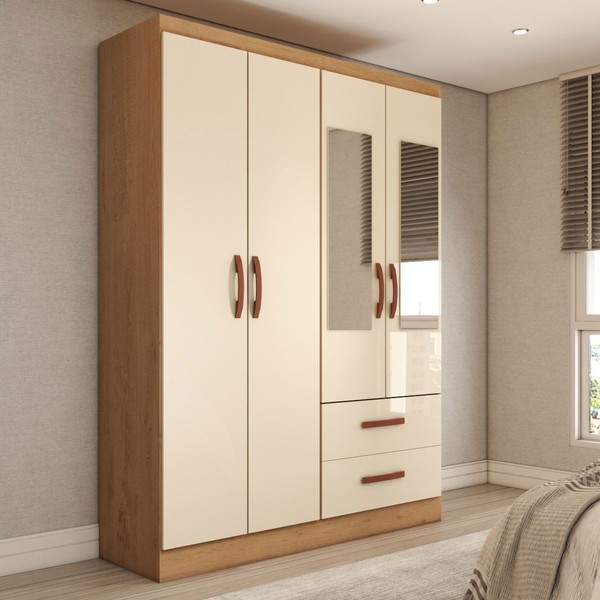 Guarda-Roupa Solteiro Galápagos 4 Portas 2 Gavetas com Espelho Canelato Rústico/Natura/Off White - Panorama Móveis