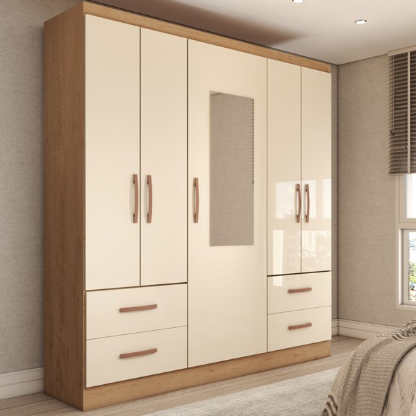 Guarda-Roupa Solteiro Virtuoso 5 Portas 4 Gavetas com Espelho Canelato Rústico/Natura Off White - Panorama Móveis
