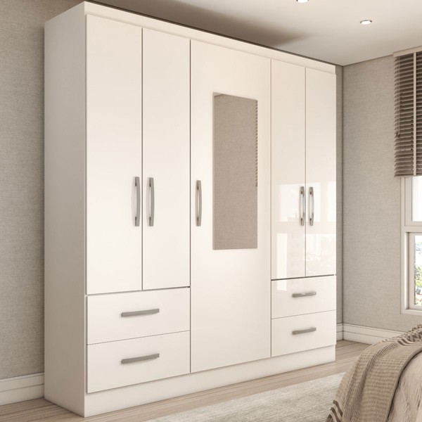 Guarda-Roupa Solteiro Virtuoso 5 Portas 4 Gavetas com Espelho Branco Brilho - Panorama Móveis