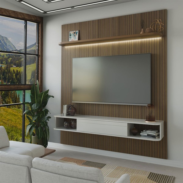 Painel para TV Até 75 Polegadas Colombo 1 Porta com Led Ripado 3d Pinho/Off White - Panorama Móveis