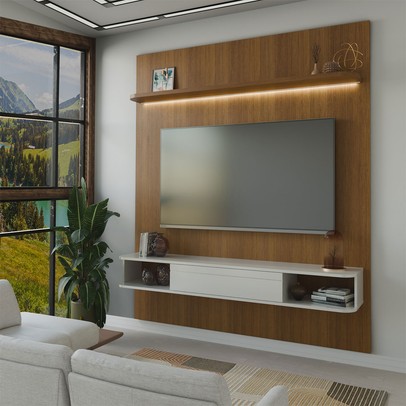 Painel para TV Até 75 Polegadas Colombo 1 Porta com Led Cinamomo/Off White - Panorama Móveis