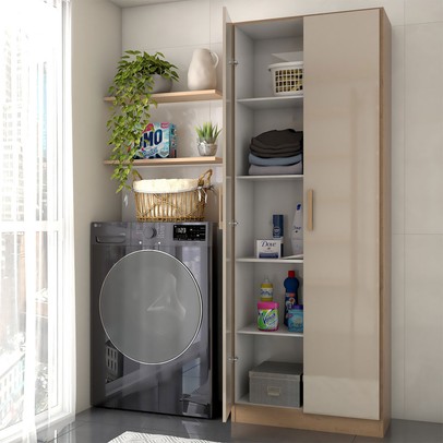 Armário Multiuso Malta 2 Portas 4 Prateleiras Acácia Madeirado/Reflecta Brilho - Panorama Móveis