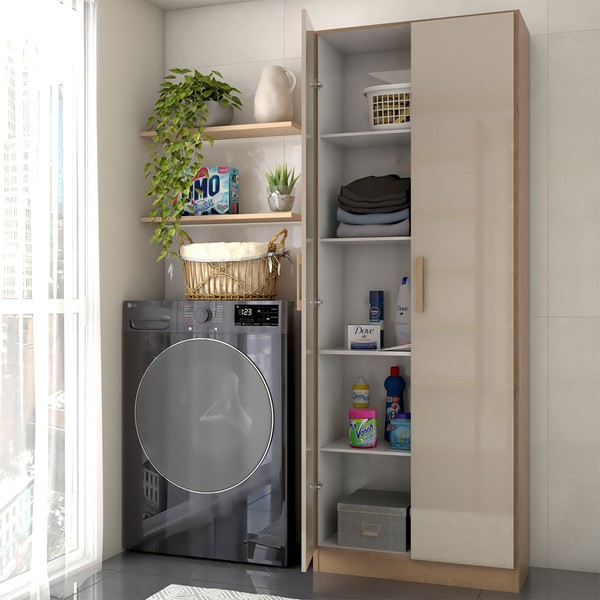 Armário Multiuso Malta 2 Portas 4 Prateleiras Acácia Madeirado/Reflecta Brilho - Panorama Móveis