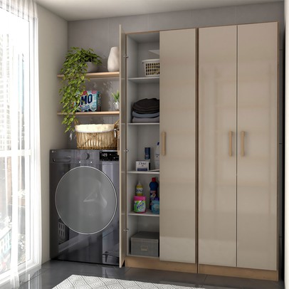 Armário Multiuso Malta 4 Portas 8 Prateleiras Acácia Madeirado/Reflecta Brilho - Panorama Móveis