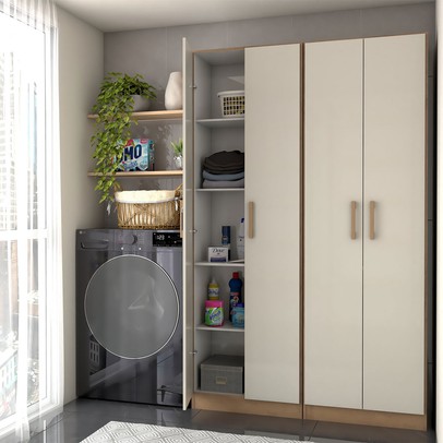 Armário Multiuso Malta 4 Portas 8 Prateleiras Canelato/Natura/Off White - Panorama Móveis