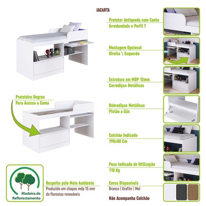 Cama Infantil Multifuncional Jacarta 1 Porta Branco - Art In Móveis