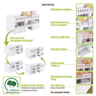 Cama Infantil Ilha Bela 2 Portas Branco - Art In Móveis