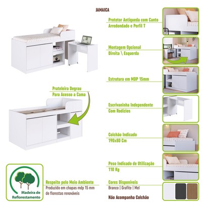 Cama Solteiro Multifuncional Jamaica 2 Portas 1 Gaveta Mel - Art In Móveis