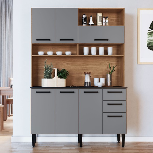 Cozinha Compacta Nicole 7 Portas 2 Gavetas Freijó/Cinza - Irm Móveis