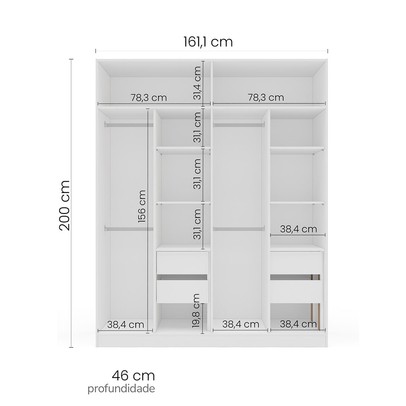 Guarda-Roupa Casal Porto 4 Portas 4 Gavetas Branco/Azul - Politorno