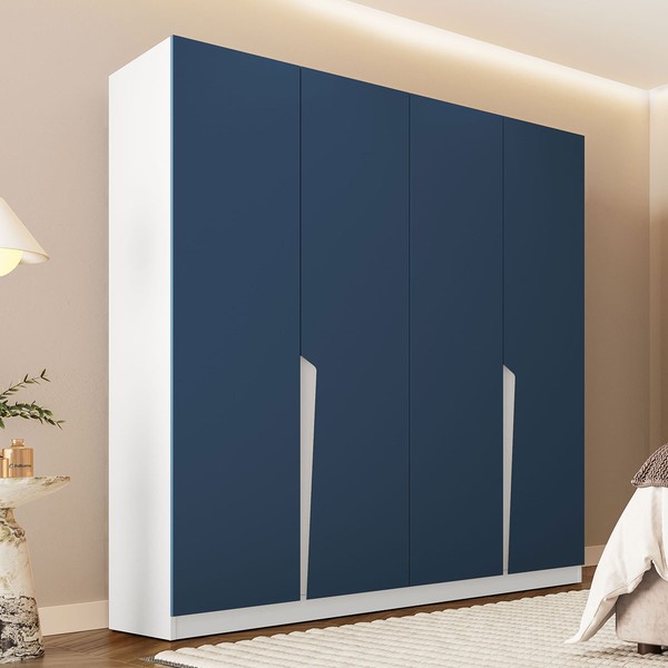 Guarda-Roupa Casal Porto 4 Portas 4 Gavetas Branco/Azul - Politorno