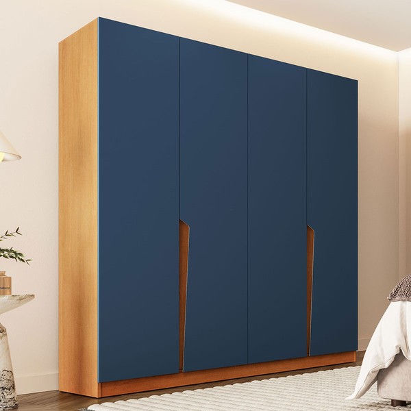 Guarda-Roupa Casal Porto 4 Portas 4 Gavetas Freijó/Azul - Politorno