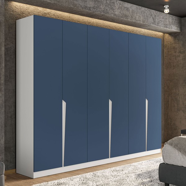 Guarda-Roupa Casal Porto 6 Portas 4 Gavetas Branco/Azul - Politorno