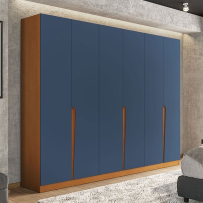 Guarda-Roupa Casal Porto 6 Portas 4 Gavetas Freijó/Azul- Politorno