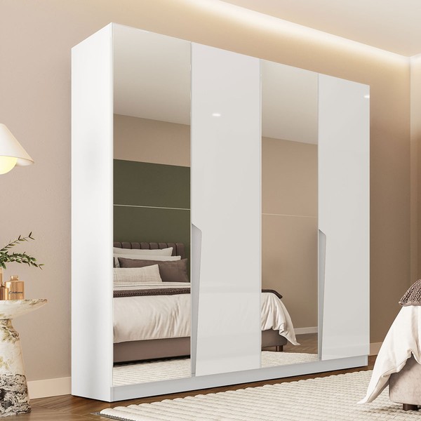 Guarda-Roupa Casal Porto 4 Portas 4 Gavetas com Espelho Branco - Politorno