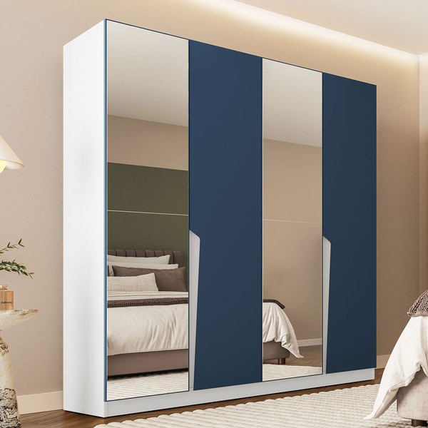 Guarda-Roupa Casal Porto 4 Portas 4 Gavetas com Espelho Branco/Azul - Politorno