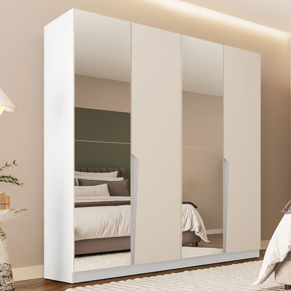 Guarda-Roupa Casal Porto 4 Portas 4 Gavetas com Espelho Branco/Creme - Politorno