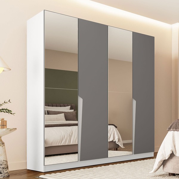 Guarda-Roupa Casal Porto 4 Portas 4 Gavetas com Espelho Branco/Cinza - Politorno