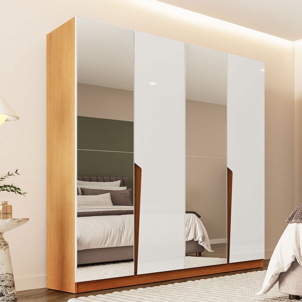 Guarda-Roupa Casal Porto 4 Portas 4 Gavetas com Espelho Freijó/Branco - Politorno