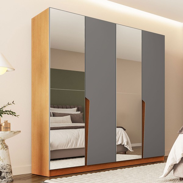 Guarda-Roupa Casal Porto 4 Portas 4 Gavetas com Espelho Freijó/Cinza - Poltoirno