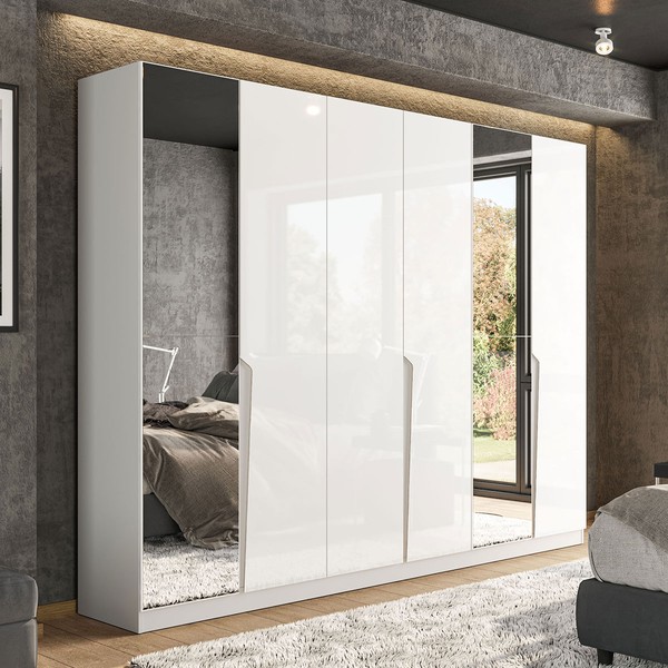 Guarda-Roupa Casal Porto 6 Portas 4 Gavetas com Espelho Branco - Politorno