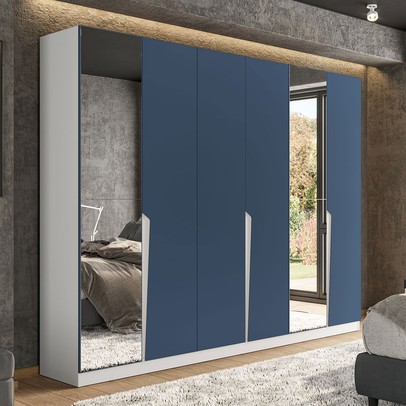 Guarda-Roupa Casal Porto 6 Portas 4 Gavetas com Espelho Branco/Azul - Politorno